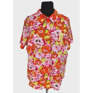 White Stag Women Button Up Top Short Sleeve Shirt Plus 4X Red Floral Cotton 222P